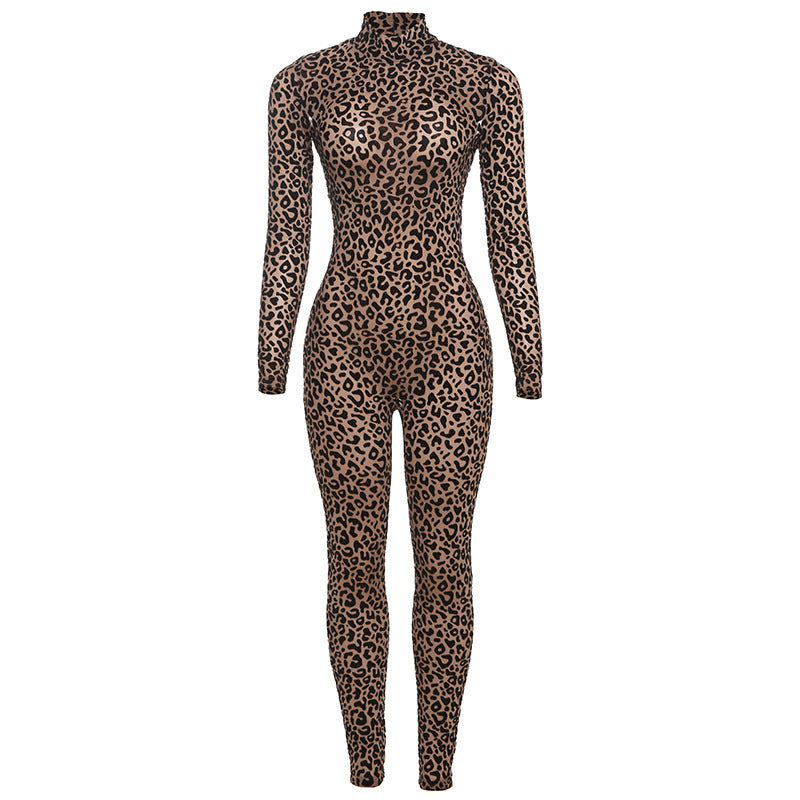 SXR summer fashion leopard print high waist sheath long sleeve jumpsuit