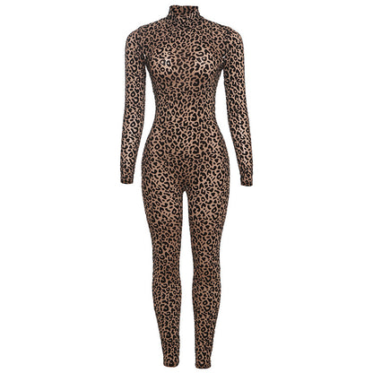 SXR summer fashion leopard print high waist sheath long sleeve jumpsuit