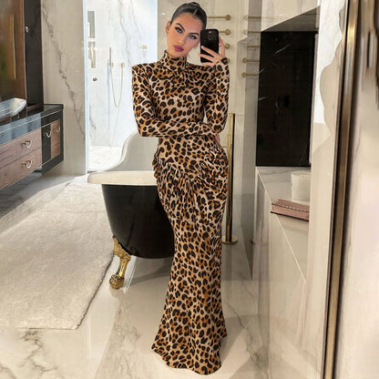 SXR fall winter fashion backless turtleneck long sleeve printed dress