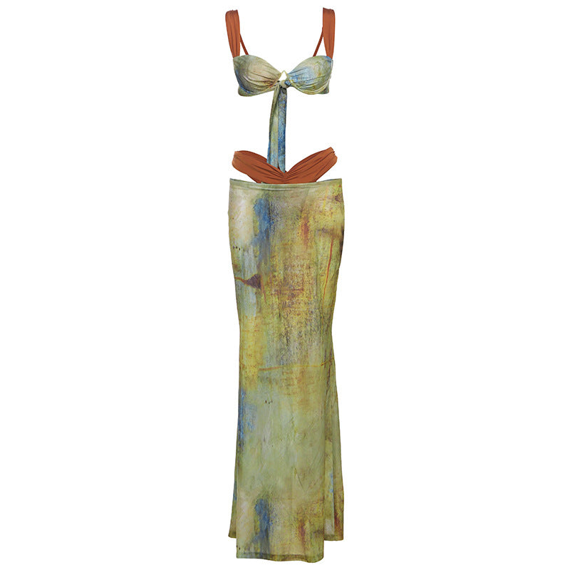 SXR spring printing color contrast tied top high waist skirt three-piece set