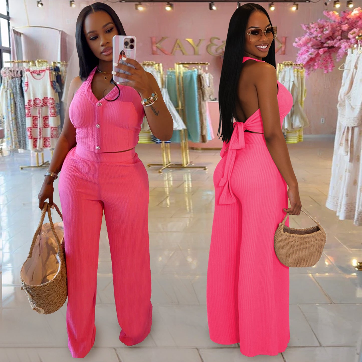 XYZ C7461 casual halter tied top trousers two-piece set