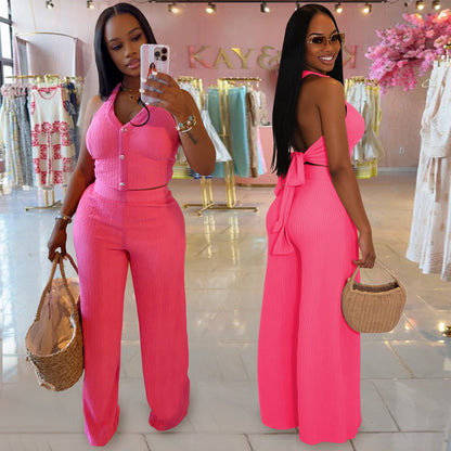 XYZ C7461 casual halter tied top trousers two-piece set