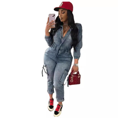 MZ (S-2XL) MZ88596 washed high elastic long sleeve one-piece trousers