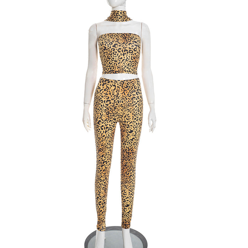 DZHT D25ST538 leopard print halter tube top top tight trousers two-piece suit