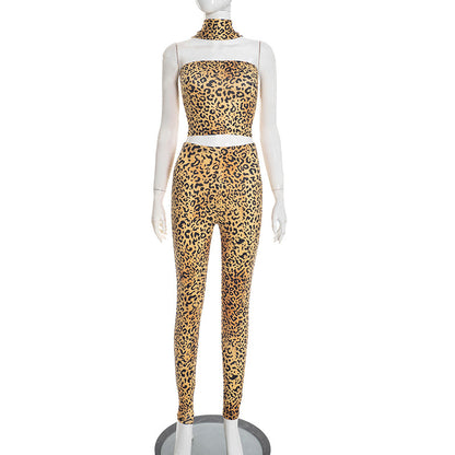 DZHT D25ST538 leopard print halter tube top top tight trousers two-piece suit