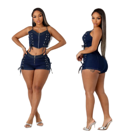 MZ (S-2XL) denim shorts MZ88653 lace-up vest stretch shorts suit