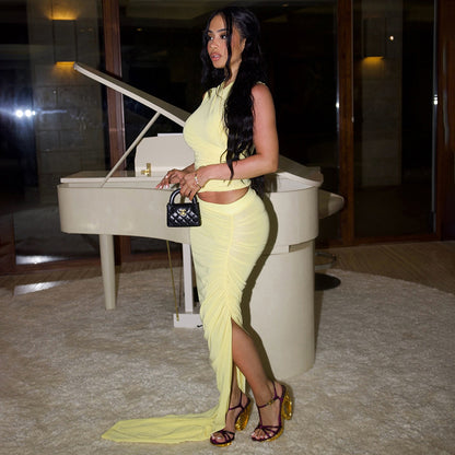 DZHT Y26ST221 skinny short vest irregular pleated skirt solid color two-piece suit