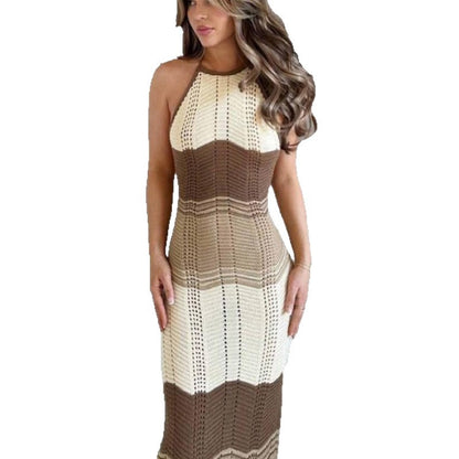 CYB contrast color striped texture beach dress halter sheath knitted dress blouse