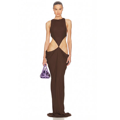 DZHT D26DS164 solid color sleeveless bare back pleated long dress