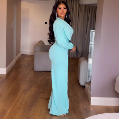 GY (S-3XL) S10967 lantern sleeve waist-tight decorative buttons wide-leg jumpsuit