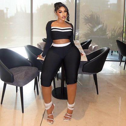 SXR K6S12414A midriff-baring long sleeve top fifth pants suit