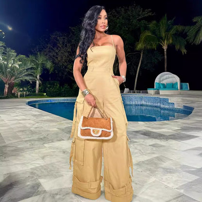 (S-2XL) ZSC tube top multi-pocket workwear jumpsuit wide leg jumpsuit