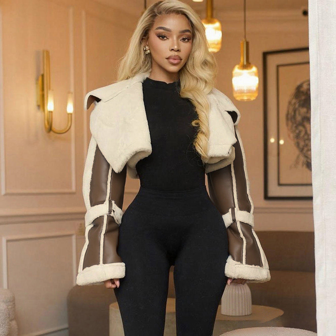 SXR autumn fashion PU leather stitching short fur collar navel coat