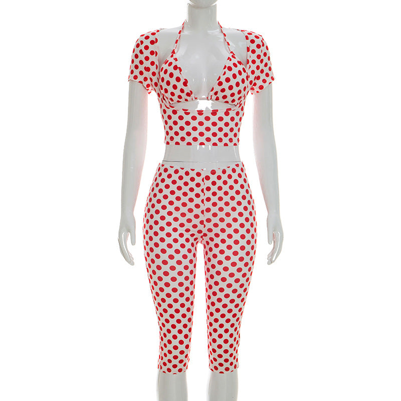 DZHT J26ST079 wave sleeveless dot printed three-piece set