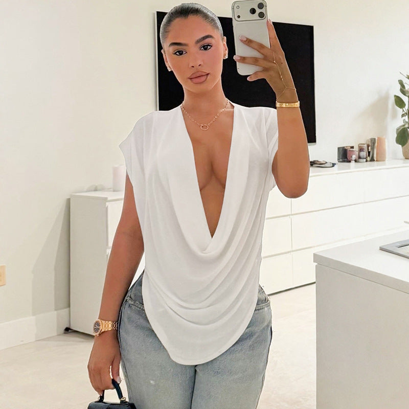 DZHT J26TP303 solid color deep V-neck slim fit sleeveless short top T-shirt