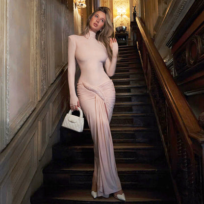 SXR spring solid color elegant graceful turtleneck waist-tight split long sleeve dress