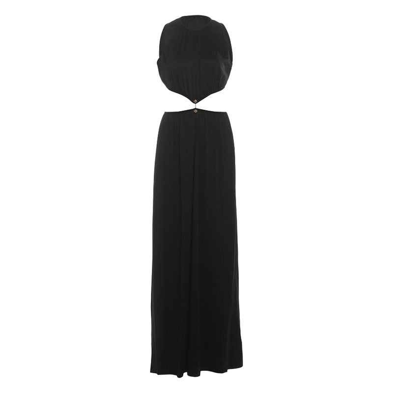SXR autumn fashion midriff outfit long dress round neck sleeveless solid color dress
