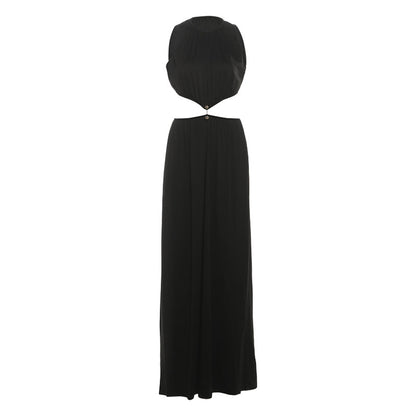 SXR autumn fashion midriff outfit long dress round neck sleeveless solid color dress