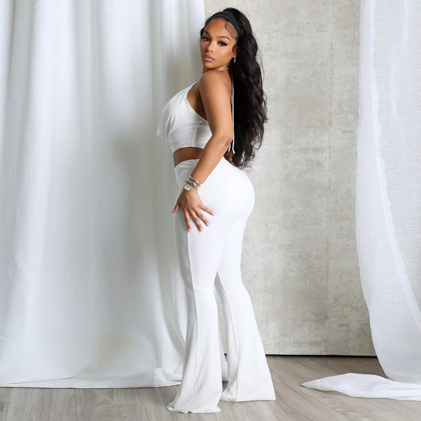 MYF (S-2XL) 10867 circle decorative halter midriff outfit jumpsuit