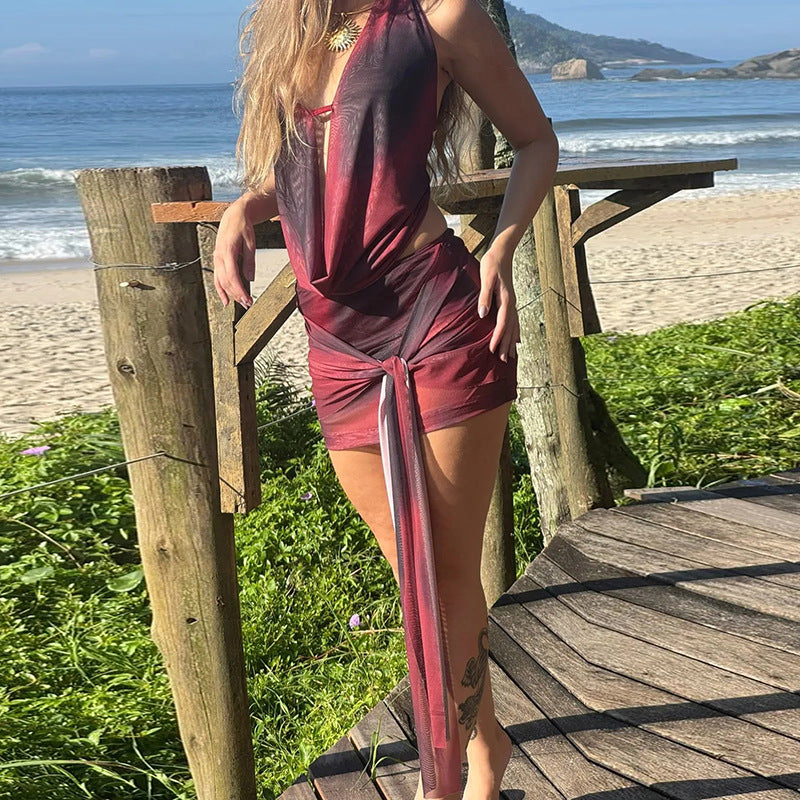 DZHT J26ST198 halter backless lace-up top tight skirt two-piece suit