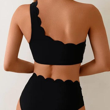 CL (S-2XL) 2026 one-shoulder split swimsuit female black and white contrast color ruffled high waist bikini