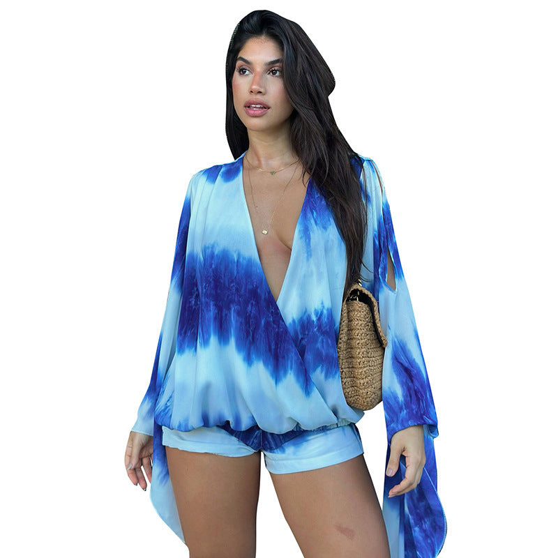 DZHT D26ST156 tie-dye printed large bell sleeve slit top and shorts two-piece suit
