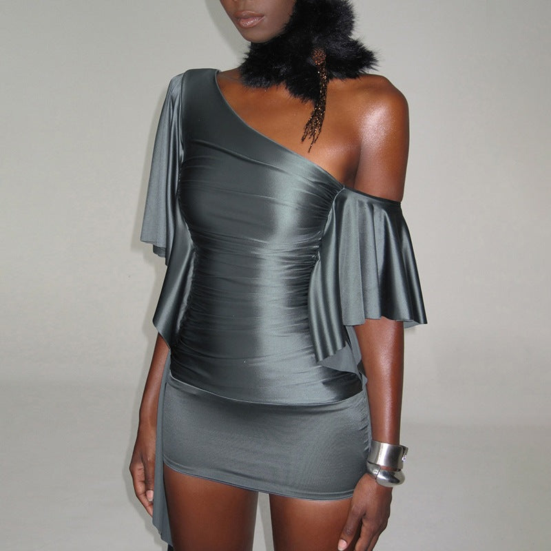 SXR K6D06712A ruffled sexy diagonal collar off-the-shoulder slim sheath dress