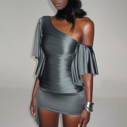 SXR K6D06712A ruffled sexy diagonal collar off-the-shoulder slim sheath dress