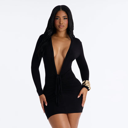 DZHT J26DS248 summer slim deep V-neck mini sheath dress