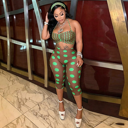 DZHT Q26ST076 halter spaghetti straps tight cropped pants polka dot print hair band three-piece suit