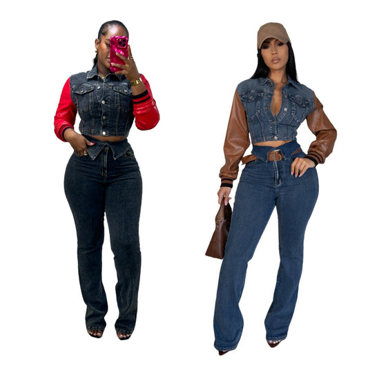 MZ (S-2XL) MZ88611 leather U denim stitching stretch trousers