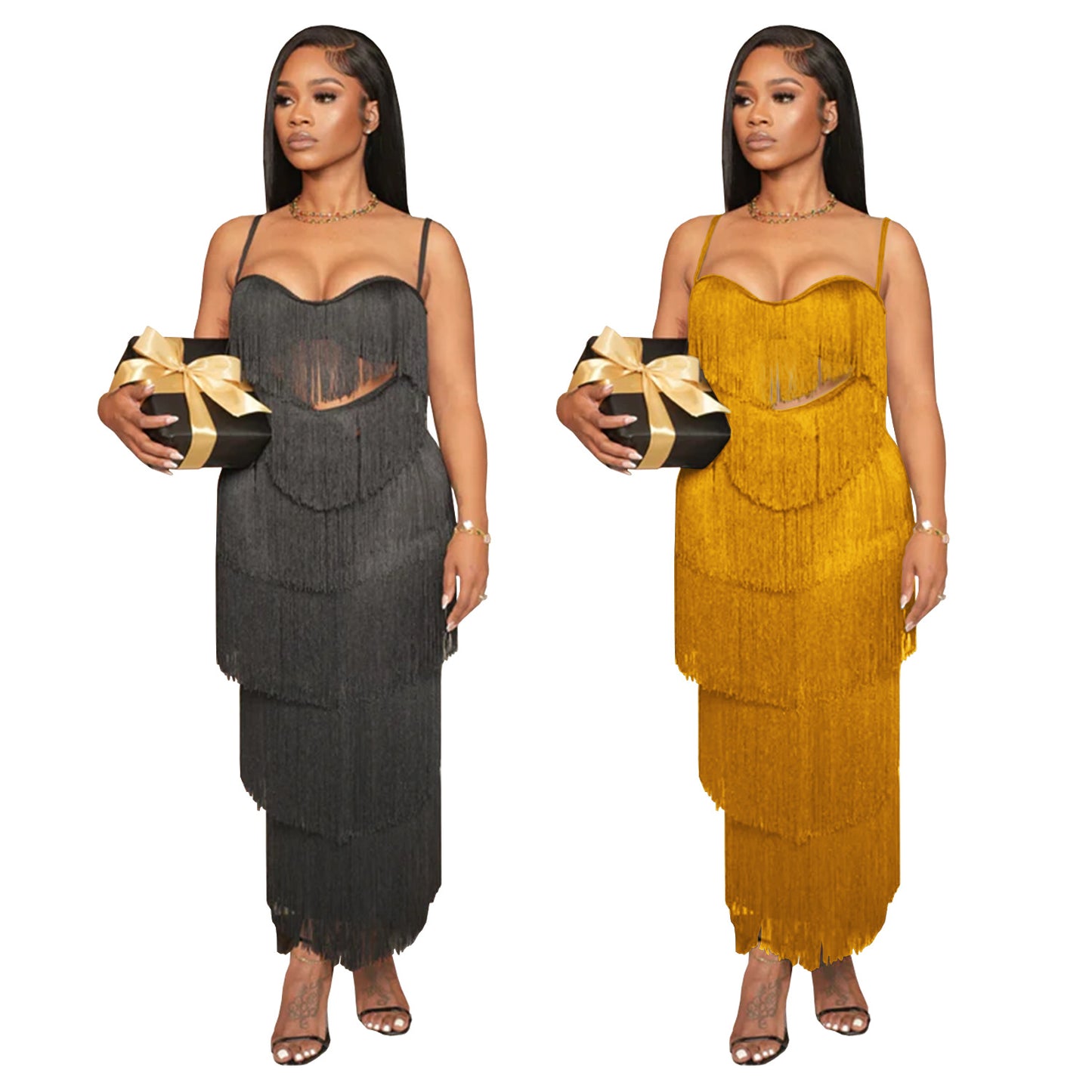 XYZ C7431 strap backless tassel long dress