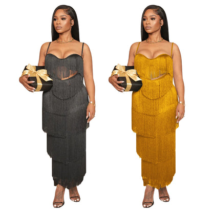 XYZ C7431 strap backless tassel long dress