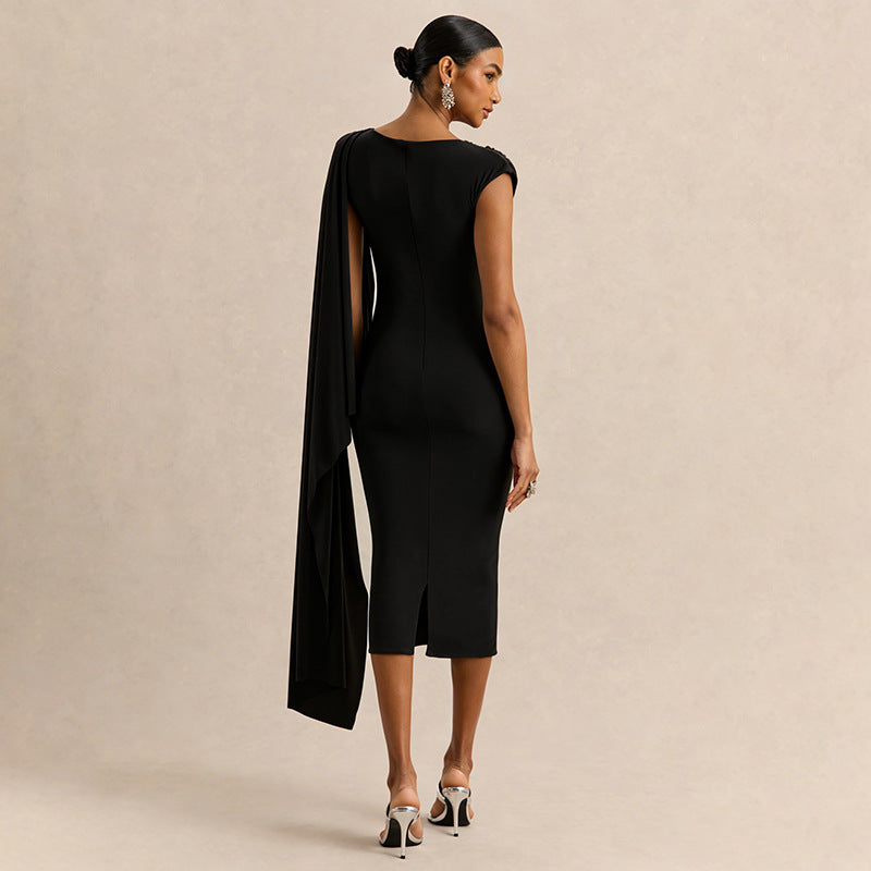 DZHT Q26DS066 solid color slim-fit ribbon sleeveless irregular swing collar dress