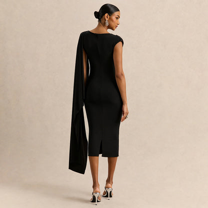 DZHT Q26DS066 solid color slim-fit ribbon sleeveless irregular swing collar dress