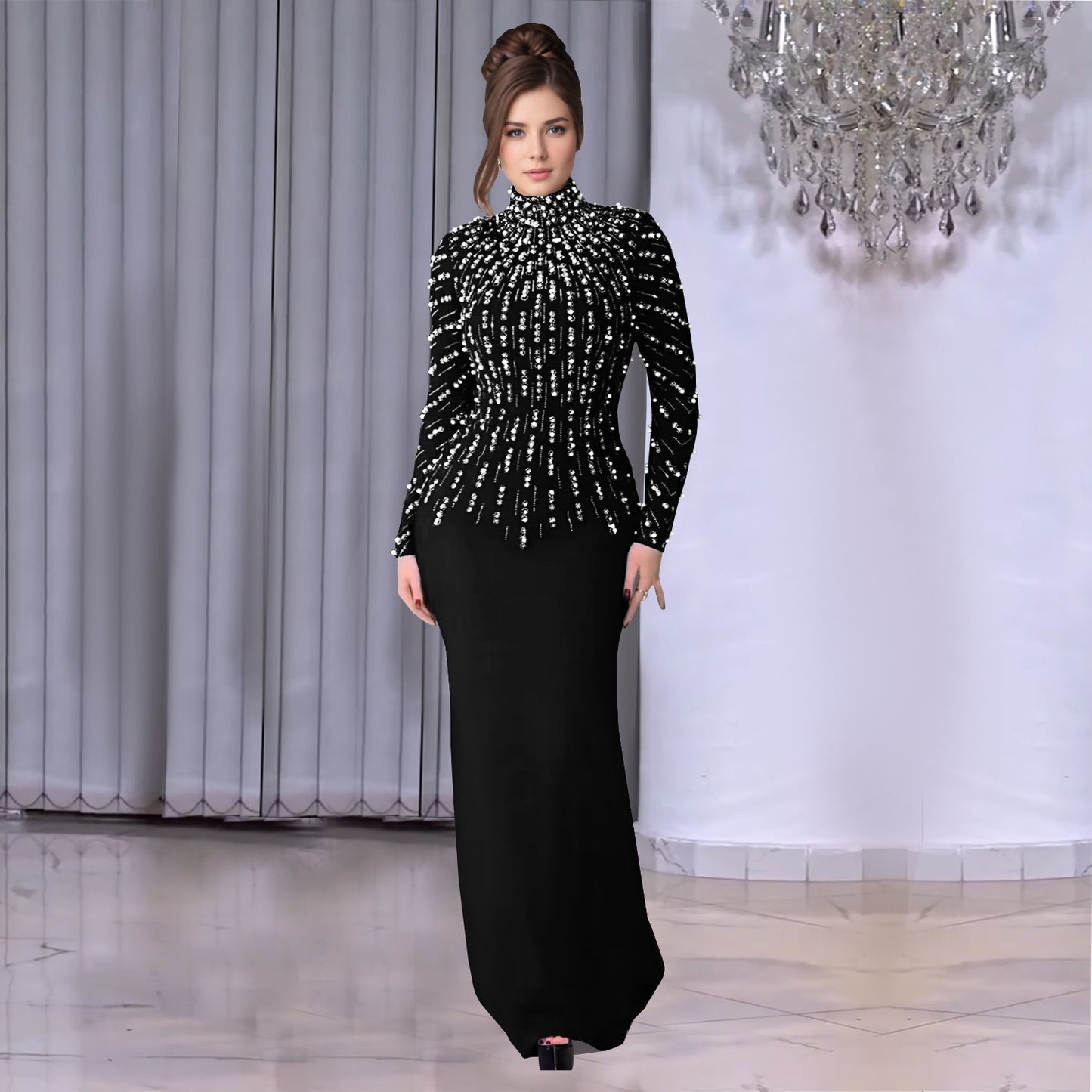 XYZ C7379 long sleeve beaded rhinestone arm covering dress