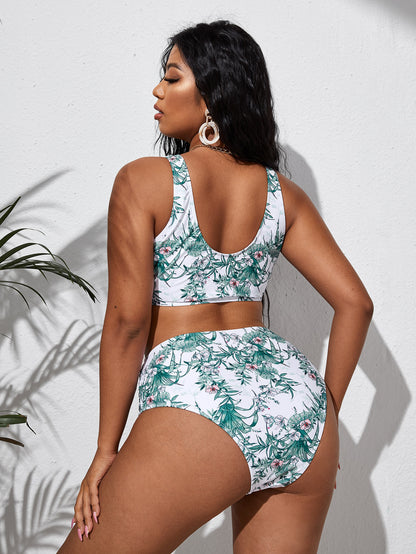 LF (L-4XL) women's split color printing swimsuit plus size