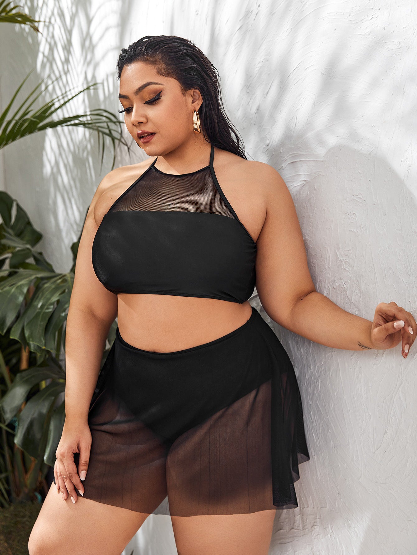 LF (L-4XL) split Black Ribbon yarn bikini swimsuit women's plus size