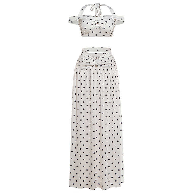 DLS summer halter backless tube top hollow out polka dot skirt suit