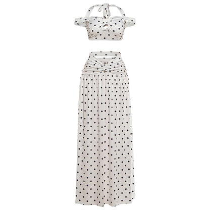 DLS summer halter backless tube top hollow out polka dot skirt suit