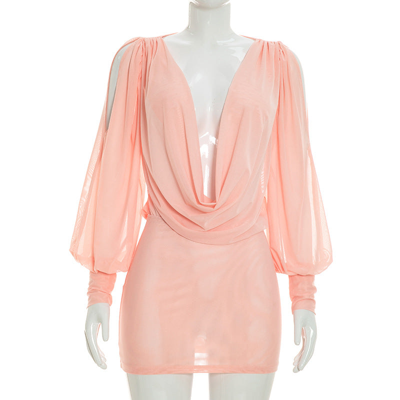 DZHT J26DS261 summer solid color long sleeve draped collar backless sheath dress short skirt