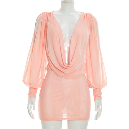 DZHT J26DS261 summer solid color long sleeve draped collar backless sheath dress short skirt
