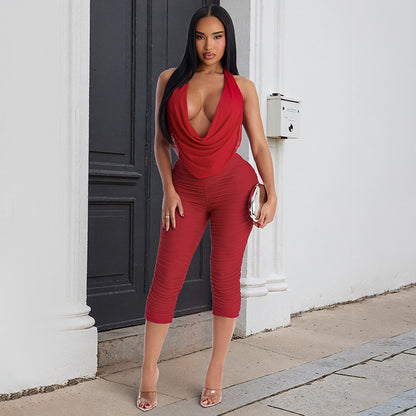 DZHT C26ST071 swing collar backless pleated mesh halter cropped pants suit
