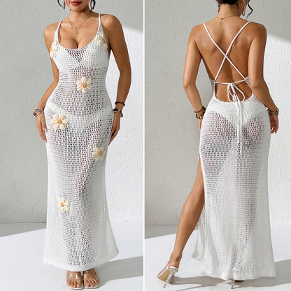CYB dress hand crocheting flower halter lace-up side slit knitted dress