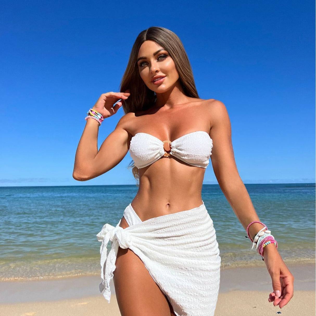(4 days ready to ship) SY textured cloth tube top three piece swimsuit bikini
