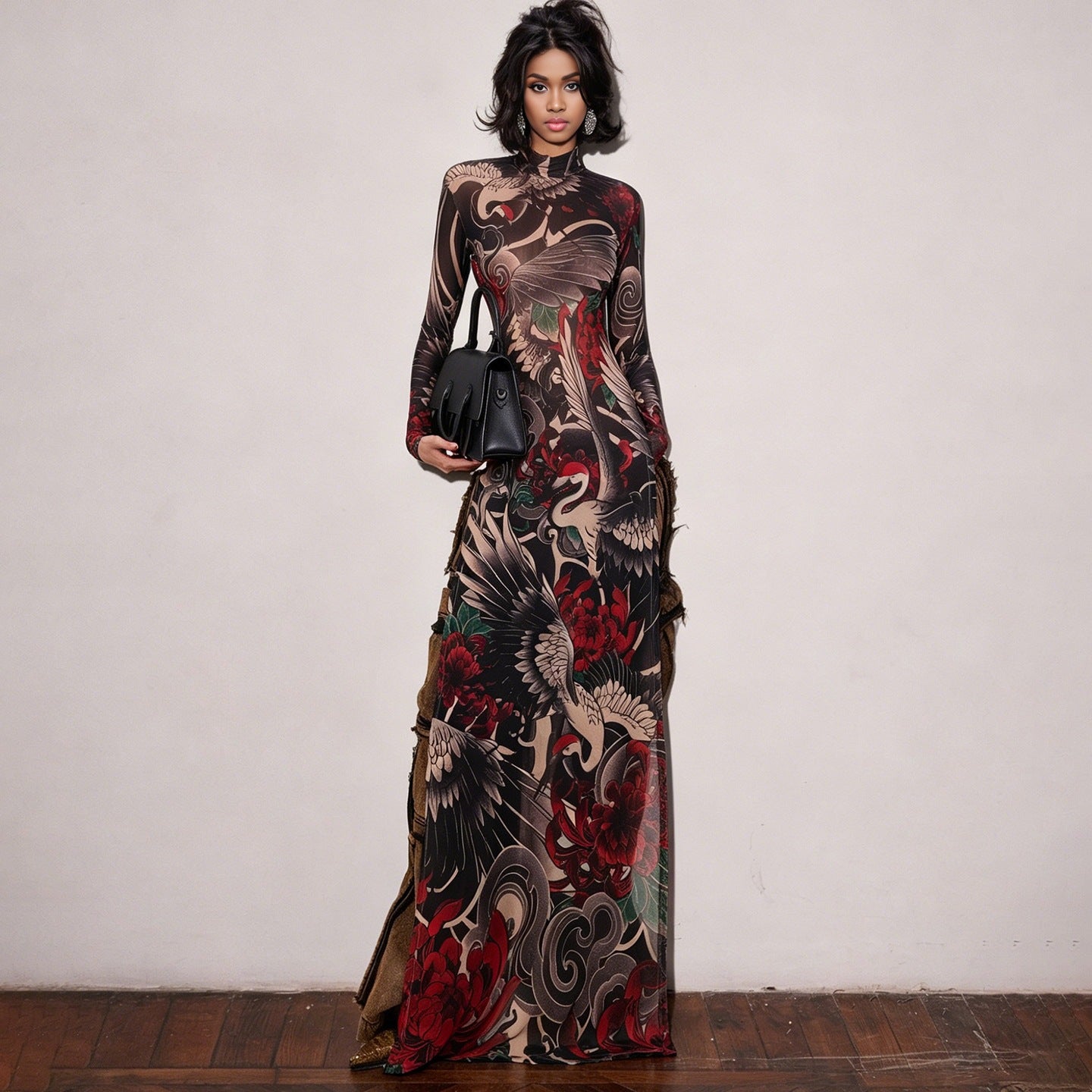 DLS half-high collar long sleeves animal pattern high slit long shirt