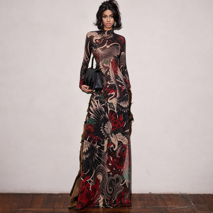 DLS half-high collar long sleeves animal pattern high slit long shirt