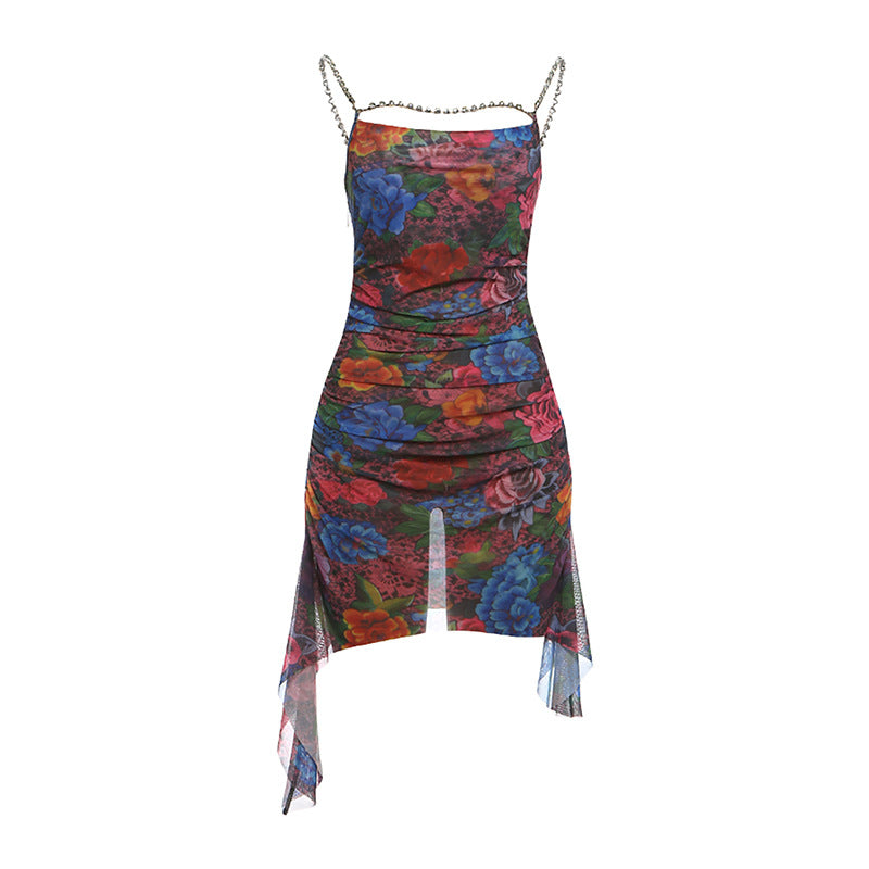 SXR spring sexy waist-tight ruffle hip drill chain suspender dress