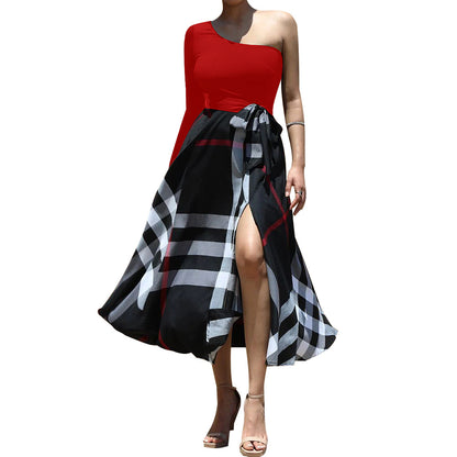 MYF (S-2XL) K10635 autumn and winter one-shoulder floral print slit dress
