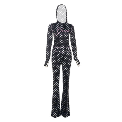 SXR autumn and winter polka dot letter print navel hooded jacket trousers suit